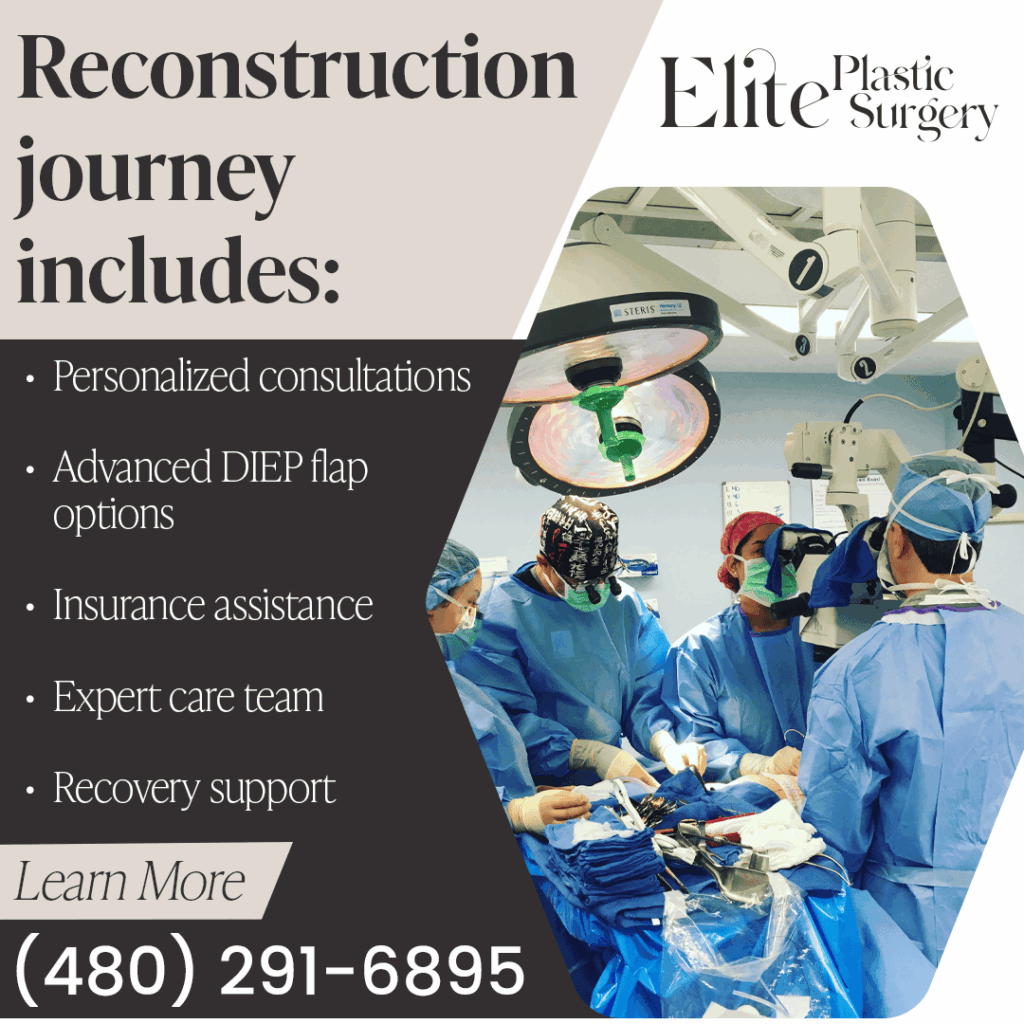 Breast reconstruction journey includes: personalized consultations, advanced DIEP flap options, insurance assistance, and expert care team.