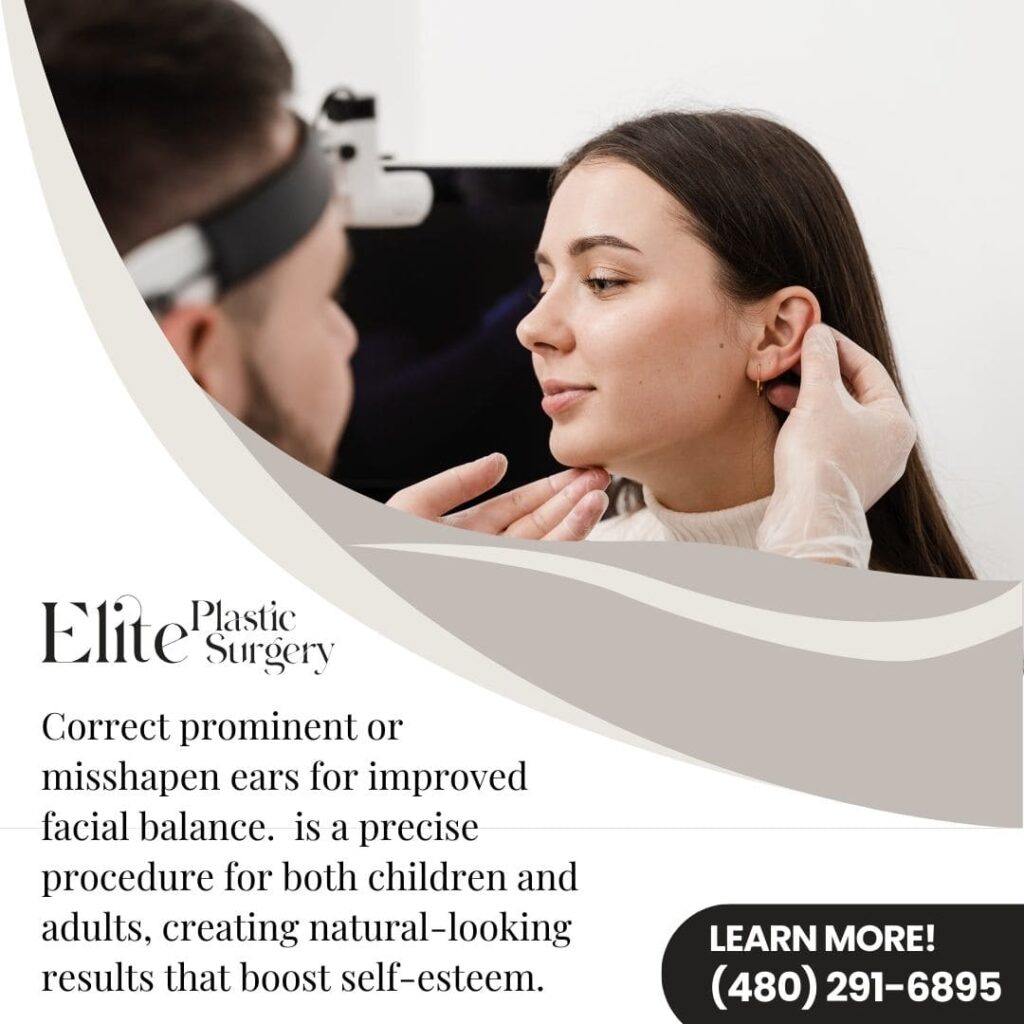 A surgeon's gloved hand touches a woman's ear. The text promotes ear surgery to correct prominent or misshapen ears for improved facial balance and boosted self-esteem in both children and adults.