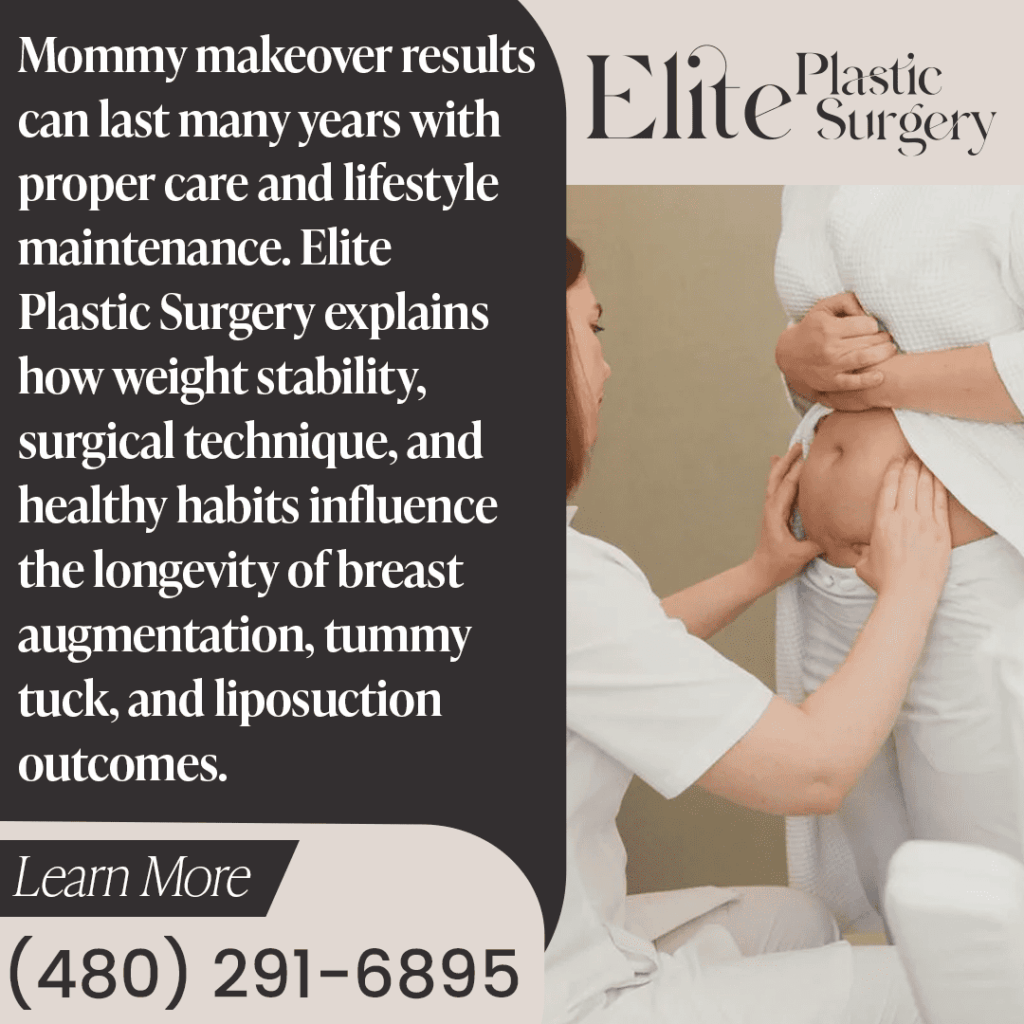 A surgeon at Elite Plastic Surgery in Phoenix examines a woman's abdomen, illustrating the long-lasting results of a mommy makeover with proper care.