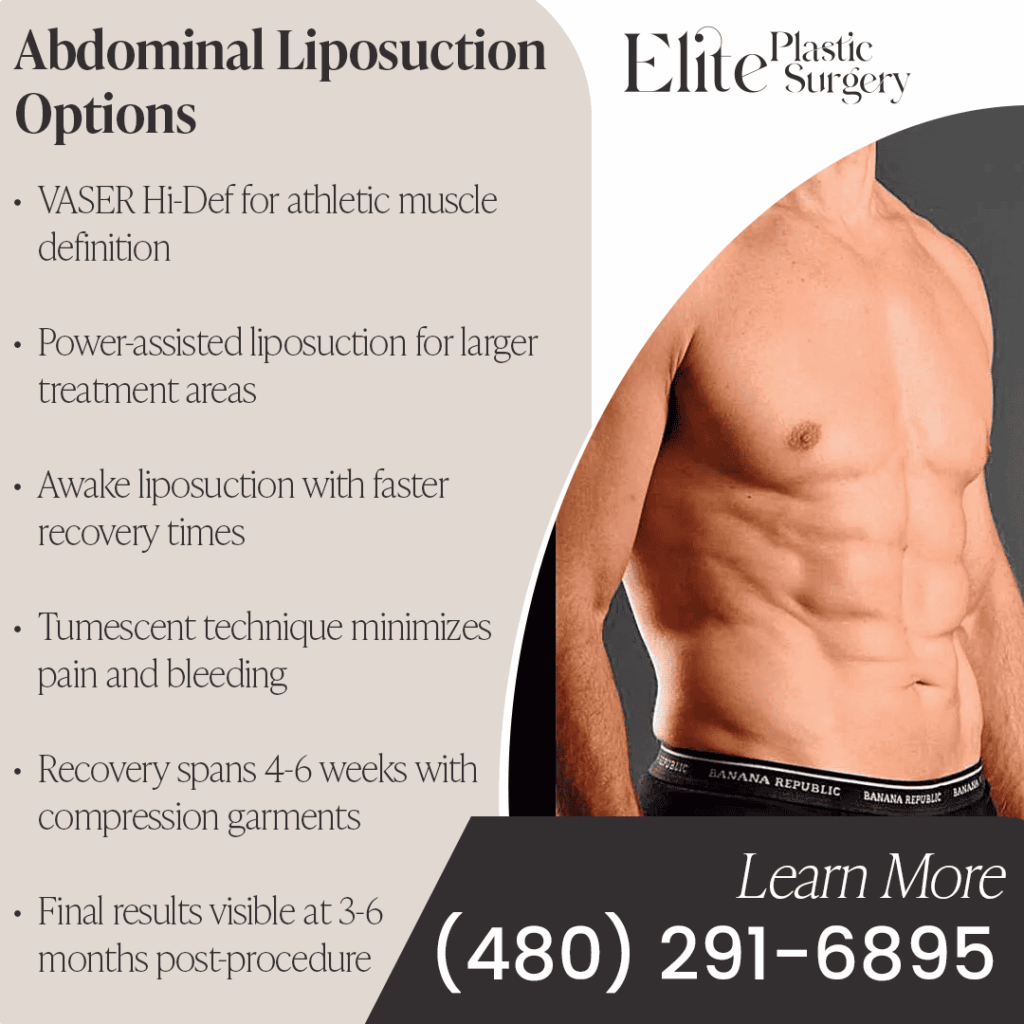 A man's defined abs are shown, representing the results of abdominal liposuction. The image text lists different options like VASER Hi-Def and power-assisted liposuction.