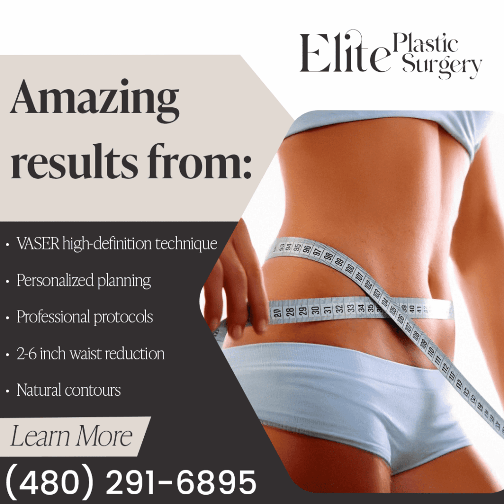 Promotional image for Elite Plastic Surgery showcasing amazing VASER high-definition liposuction results with a person measuring a 2-6 inch reduction in waist size and natural contours.