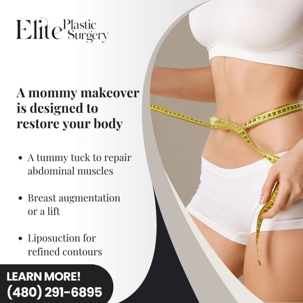 A woman's waist is measured, with text listing the components of a mommy makeover: a tummy tuck, breast augmentation or lift, and liposuction for refined contours.