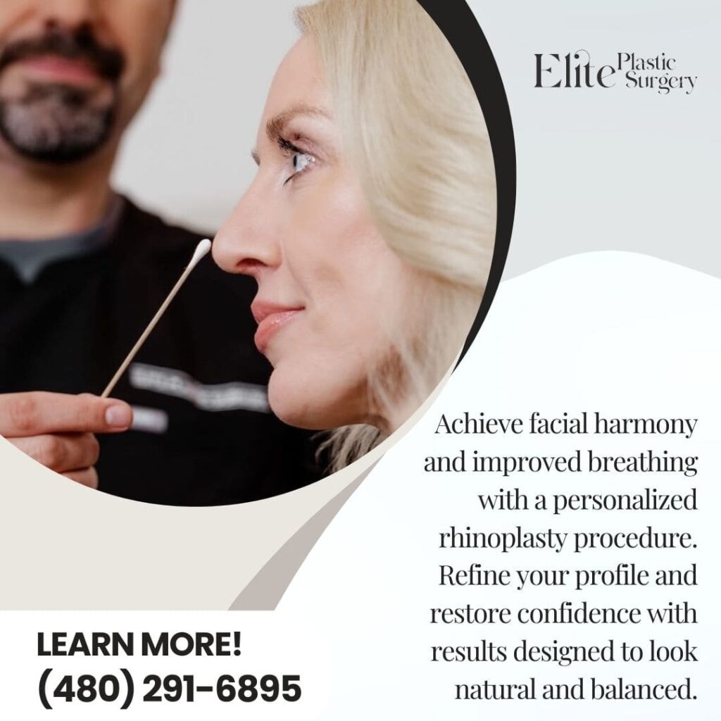 A surgeon uses a cotton swab to examine a woman's nose. The text promotes personalized rhinoplasty procedures to achieve facial harmony and improve breathing.