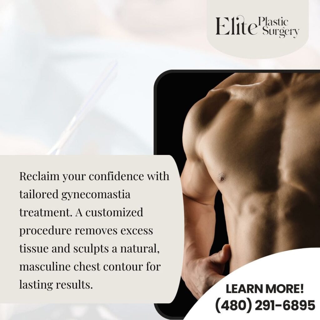 A man's torso is featured with text describing a tailored gynecomastia procedure that removes excess tissue to create a natural, masculine chest contour and reclaim confidence.