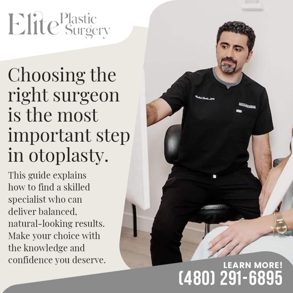 Patient receiving a cosmetic injection while wearing a surgical cap; emphasizes choosing the right skilled specialist for balanced, natural-looking otoplasty results.