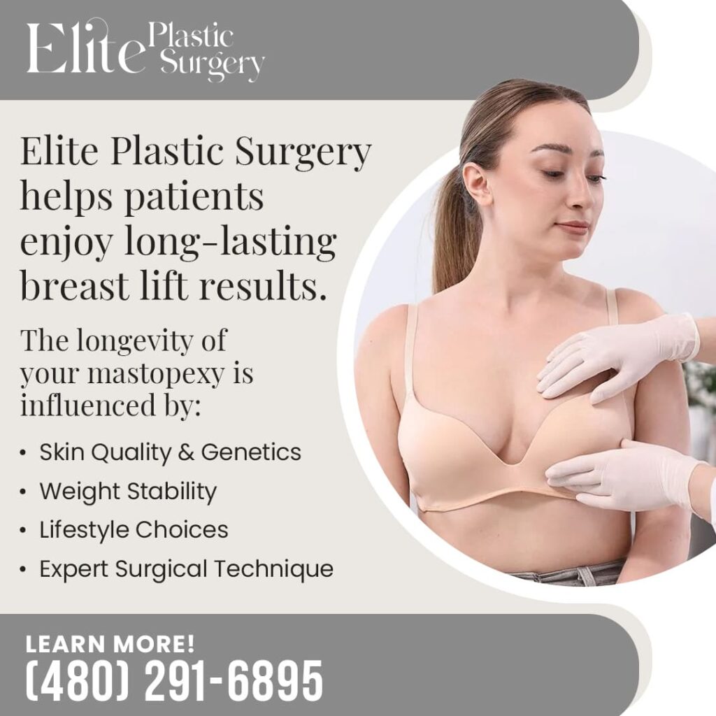 Surgeon's hands touching a patient's chest; details factors for long-lasting breast lift (mastopexy) results, including skin quality and weight stability.