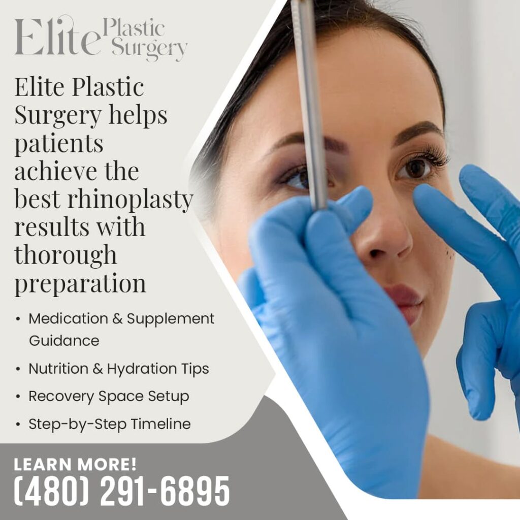 Patient's face during rhinoplasty preparation; lists steps for best results, including medication guidance, nutrition, hydration tips, and a step-by-step timeline.