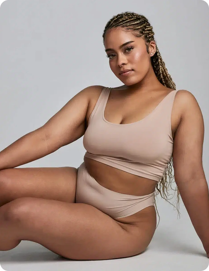 A portrait of a woman with long braids wearing a beige two-piece lounge set, sitting against a neutral grey background.