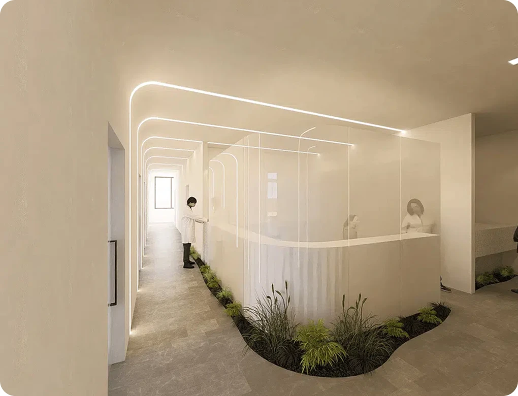 A wide-angle of a modern, minimalist medical office hallway. It features sleek, curved LED lighting strips along the ceiling and floor, with glass partitions and indoor greenery.