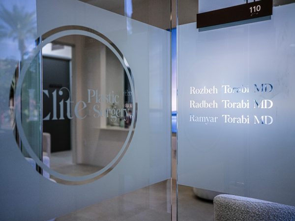 A close-up shot of a frosted glass door or partition. On the left, a circular logo contains the words "Elite Plastic Surgery" in a sophisticated serif font. To the right of the logo, three names are listed in silver lettering: "Rozbeh Torabi MD," "Radbeh Torabi MD," and "Ramyar Torabi MD." The room number "110" is visible on a dark plaque at the top right. Through the frosted glass, the blurred interior of a brightly lit office is visible. - In Arizona