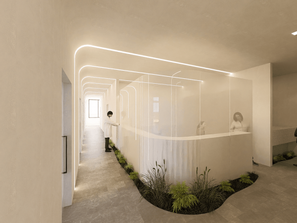 An architectural rendering of a futuristic medical corridor. The hallway features warm, cream-colored walls and integrated linear LED lighting that curves from the wall onto the ceiling in a series of parallel ribs. A curved, translucent glass partition separates a workspace from the main path, where several figures in white lab coats are visible. At the base of the partition, a curved garden bed contains lush green plants and ferns, adding a natural element to the high-tech, minimalist design. - in Arizona